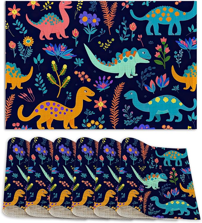 Dinosaurs Placemats Set of 6,12x18 Inch Table Mats for Colorful Dinosaurs Kitchen Table Washable Farmhouse Linen Table Mats Dining Decoration