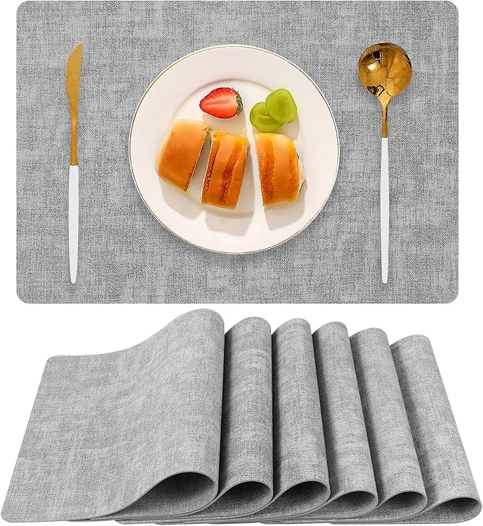 Faux Leather Placemats Set of 6, Heat Resistant Wipeable Washable Vinyl Place Mats, Waterproof Anti-Slip Dining Table Mats, Suitable for Indoor & Outdoor Use (Light Grey)