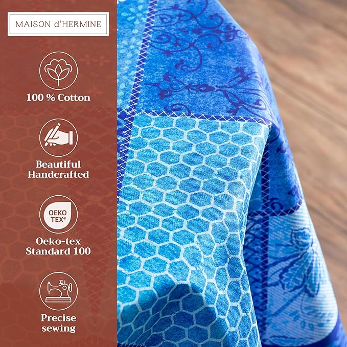Maison d' Hermine Table Cloth Round Table 100% Cotton 69 Round Inches Tablecloth Reusable Decorative for Dining Room Farmhouse Home Valentines Day Decorations Spring Summer - Indigo Love