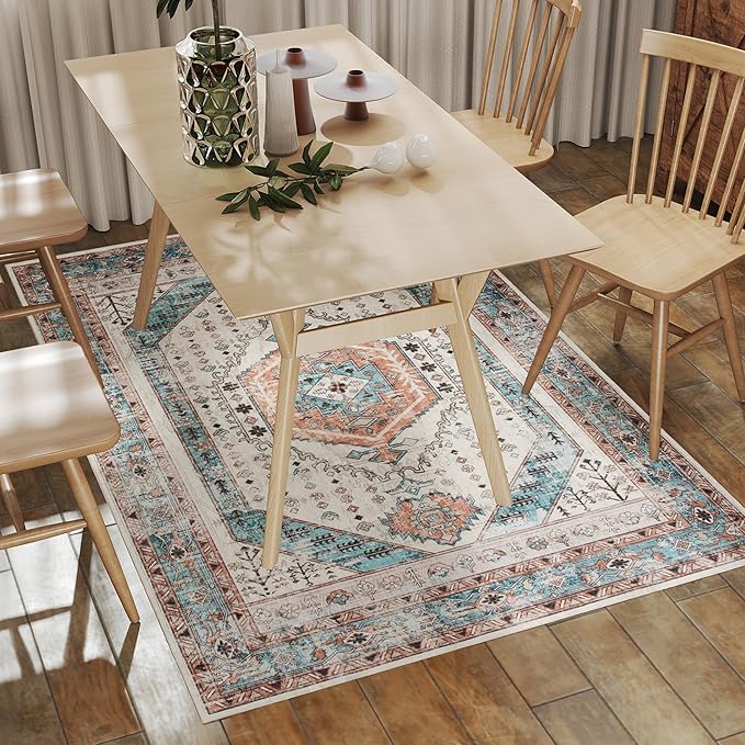 HOMCOM Washable Area Rug, 4'x6' Vintage Indoor Distressed Carpet, Retro Floor Cover Foldable, Floral Print Mat for Living Room, Bedroom, Dining Room, Brown and Blue