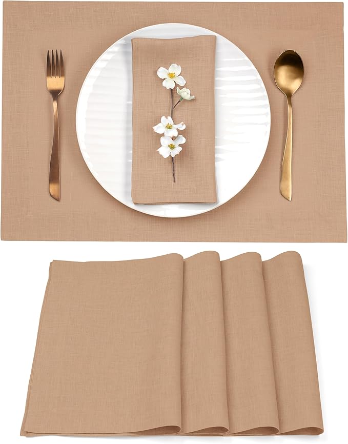 D'Moksha Homes Linen Champagne Beige Placemats Set of 4-100% Pure Linen Placemats 14 x 19 Inch for Spring, Easter - Handcrafted and Machine Washable