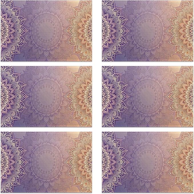 Mandala Floral Orange Placemats Set of 6, Red Linen Washable for Christmas, Thanksgiving, Party, and Daily Dining, Decorative Table Mats for 4-6 Person Table