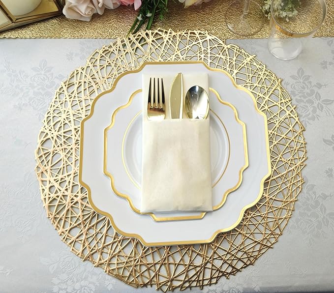 " OCCASIONS " 80 Plates Pack,(40 Guests) Heavyweight Wedding Party Disposable Plastic Plates Set -40 x 10.5'' Dinner + 40 x 8'' Salad/Dessert Plate (Imperial White & Gold)
