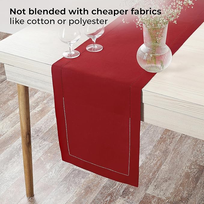 D'Moksha Homes Linen Red Table Runner 36 Inches - 100% Pure Linen Small Table Runner 14 x 36 Inch Ideal for Dresser, Coffee Tables, Valentines, Spring - Classic Hemstitch