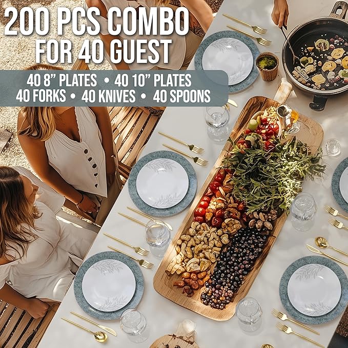 Trendables Fancy Plastic Dinnerware Sets 200 Pc Set 40 Guests Gold Silverware Disposable 40 X 10 Inch Charger Plates 40 X 8 Inch Dessert Plates 40 x Gold Plastic Forks and Spoons Knives In Aleh