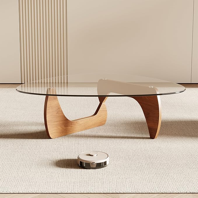 Honyee Morden Coffee Table, 42.5" x 28.5" x 16.1" Triangle Tempered Glass Top for Living Room, Color: Natural Wood