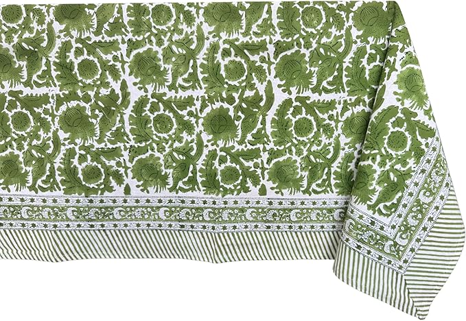 ATOSII Paradise Green 100% Cotton Rectangle Summer Tablecloth, Handblock Floral Print Linen Table Cloth for Kitchen Dining I Parties, Weddings, Outdoors, 60 X 108 Inches I 8 Seater
