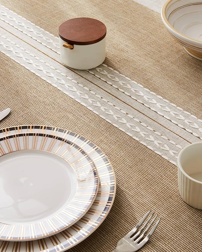 ZeeMart Contrast Linen Table Cloth Rectangle Table Cloths 60x84 Inch Mid-Stripe Brown, Farmhouse Style Heavy Weight Beige Tablecloth, Water Resistant Burlap Tablecloths