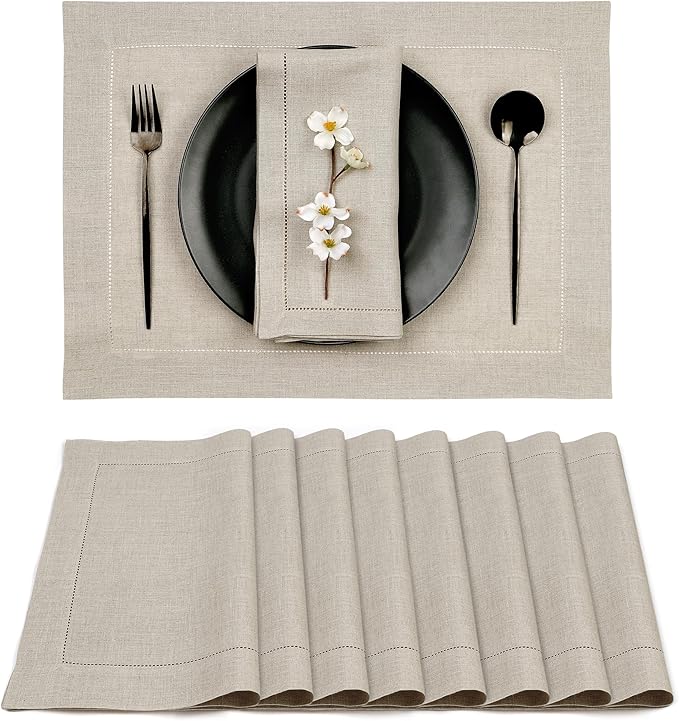 D'Moksha Homes Linen Placemats Set of 8 - Classic Hemstitch Natural Placemats 14 x 19 Inch - 100% Pure Linen Table Mats for Valentines, Spring, Easter - Handcrafted and Machine Washable