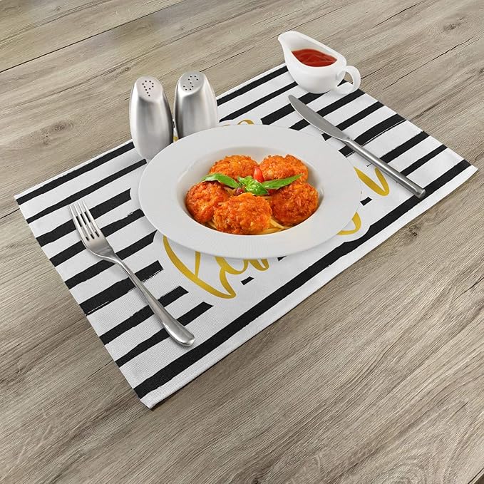 Ambesonne Live Laugh Love Place Mats Set of 4, Romantic Design Hand Drawn Stripes and Calligraphic Text, Washable Fabric Placemats for Dining Table, Standard Size, White Yellow