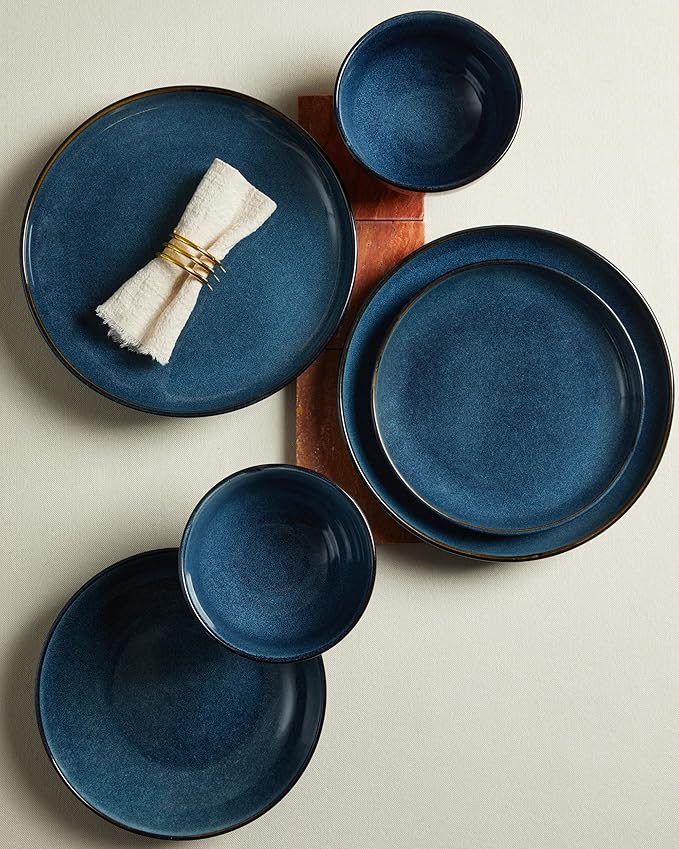 24 Piece Double Bowl Dinnerware Sets with Pasta Bowls, Highly Chip and Crack Resistant Plates and Bowls Sets, Natural Earthyware Ceramic Dishware Sets, Service for 6 Starry Blue