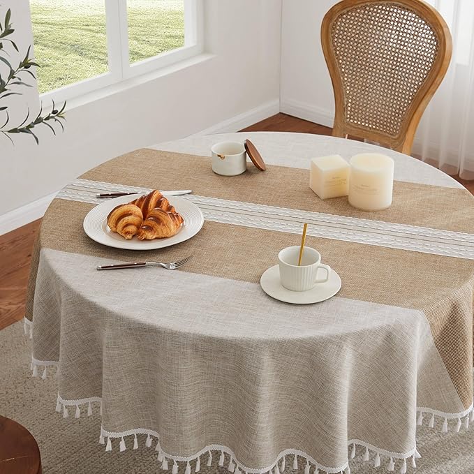 ZeeMart Contrast Linen Round Tablecloth 52 Inch Mid-Stripe Brown, Farmhouse Style Round Table Cloth Heavy Weight Beige Tablecloths, Water Resistant Burlap Table Cloths