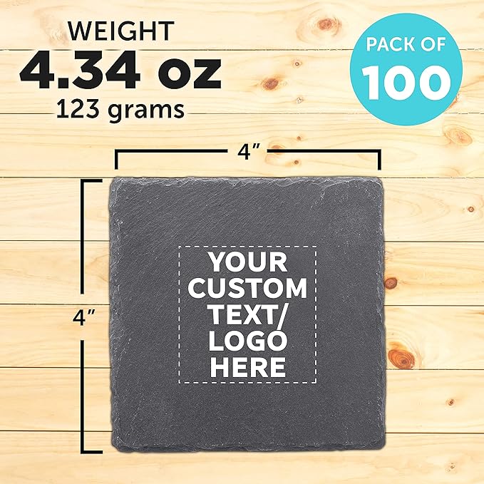 Custom Sohag Square Slate Coasters Set of 100, Personalized Bulk Pack - Table Decor, Kitchen Decor, Wedding Favors - Black