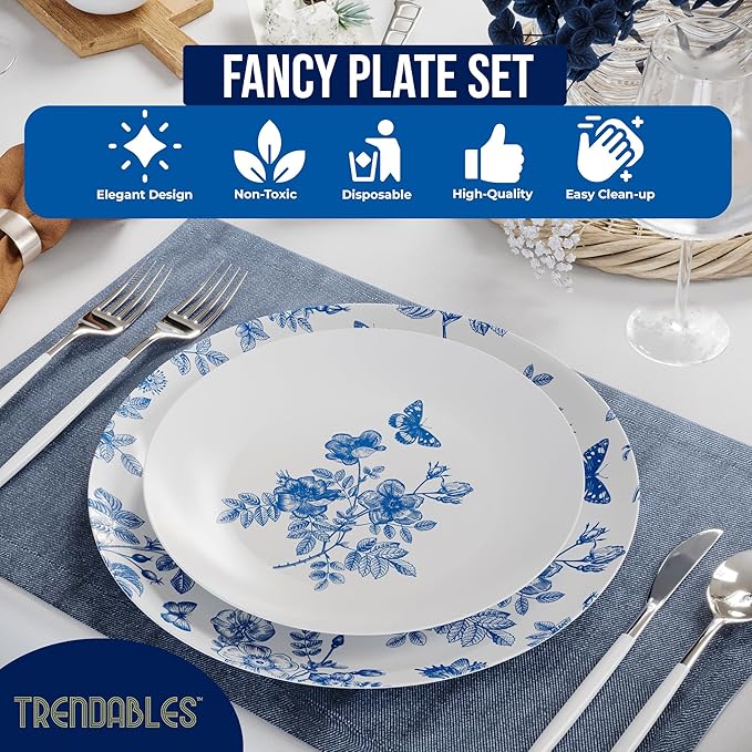 Trendables Disposable Plates For Party Supplies | Blue Floral Plastic Plates For Wedding 200 Pcs - 100 X 8 & 100 X 10 Dinner Plate Sets | Floral Plate Set Disposable Plastic Dinnerware Sets
