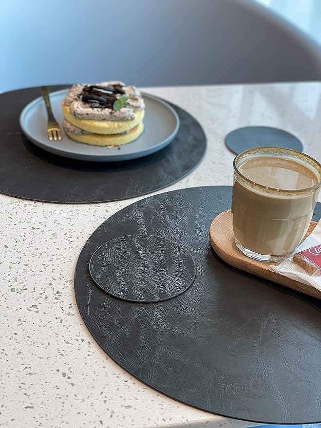 Set of 8 Faux Leather Round Placemats and Coasters, Coffee Mats Kitchen Table Mats, Waterproof, Easy to Clean for Kitchen Dining Round Table