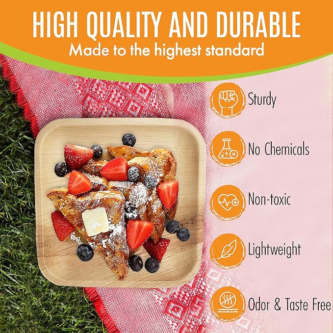 Raj Palm Leaf Plates Bulk [50-Pack] 7" Square Plates(40 CASES - 2000 PACK) like Bamboo plates Disposable, Strong, Decorative Compostable Tableware for weddings, Lunch, Dinner, Birthday, Camping