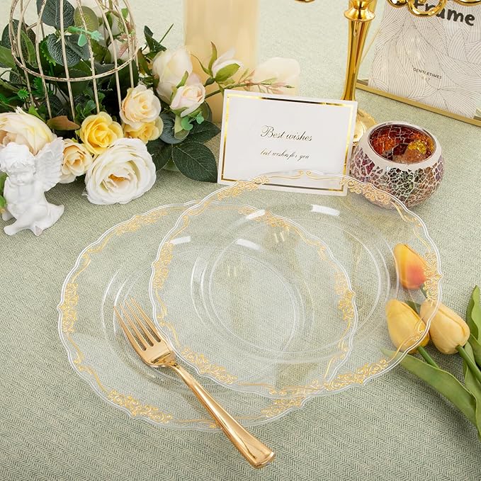 DaYammi 60PCS Clear Gold Plastic Plates Fancy Heavy Duty Clear Disposable Plates Premium 10.25inch Dinner Plates with Gold Rim Hard Plastic Plates Disposable for Party and Wedding