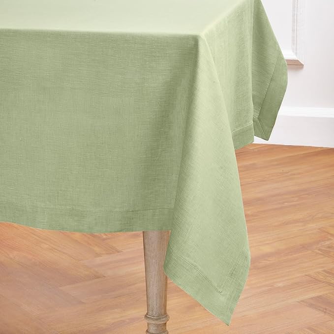 Solino Home Linen Tablecloth 60 x 156 Inch - 100% Pure Linen Chambray Olive Table Cloth for Rectangular Tables - Athena, Machine Washable Cloth Tablecloth for Spring, St Patricks Day