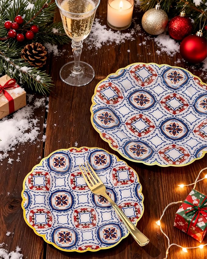 Morejoy 60pcs Plastic Disposable Plates Set - White Plastic Plates Featuring Classic Blue & Red Kaleidoscope Patterns With Gradient Gold Trim.10.25 Dinner Plates & 7.5 Dessert Plates for Wedding,Party