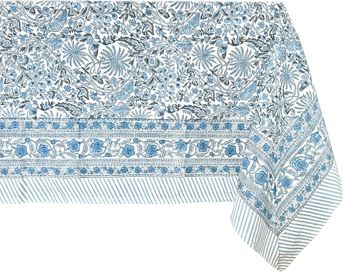 ATOSII Butterfly Blue 100% Cotton Rectangle Boho Fall Tablecloth, Handblock Floral Table Cloth Linen for Kitchen Dining I Parties Wedding Outdoors Christmas Thanksgiving I 72 X 120 Inches I 10 Seater