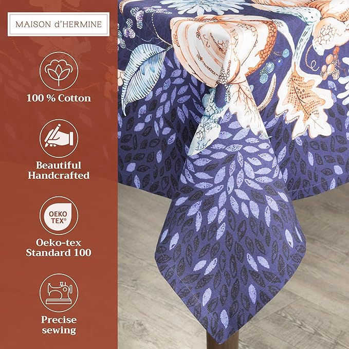 Maison d' Hermine Table Cloth Rectangle Table 100% Cotton 60 x 108 Inches Fall Tablecloth Reusable Everyday Use for Thanksgiving Christmas Decorations Dining Farmhouse Party (Pumpkin Blues)