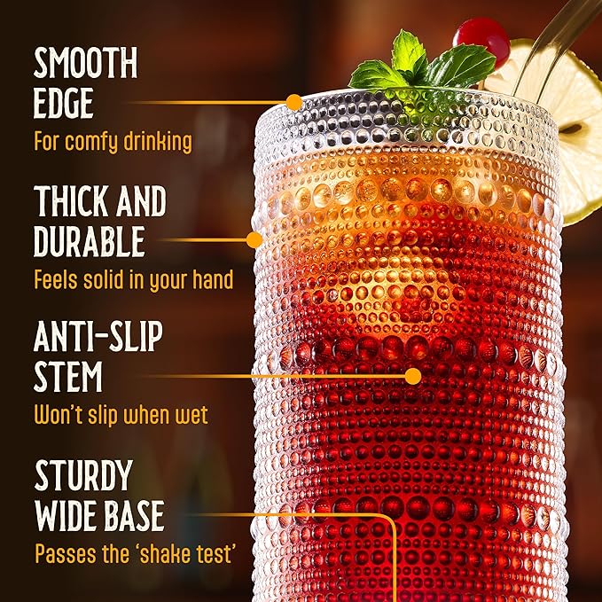 15 Oz Hobnail Drinking Glasses Set of 6 - Clear Multipurpose Glassware Sets, Decorative & Stylish Glasses Drinking Set for Bar, Kitchen, Cocktail Glassware, Garden - Home, Dining, & Kitchen