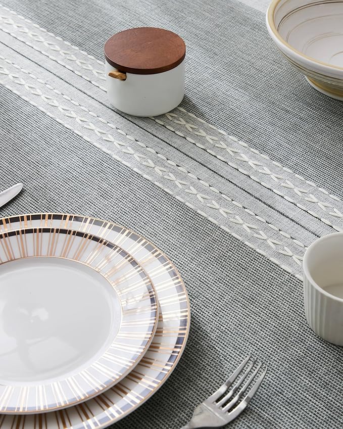 ZeeMart Contrast Linen Round Tablecloth 52 Inch Mid-Stripe Grey, Farmhouse Style Round Table Cloth Heavy Weight Grey Tablecloths, Water Resistant Burlap Table Cloths