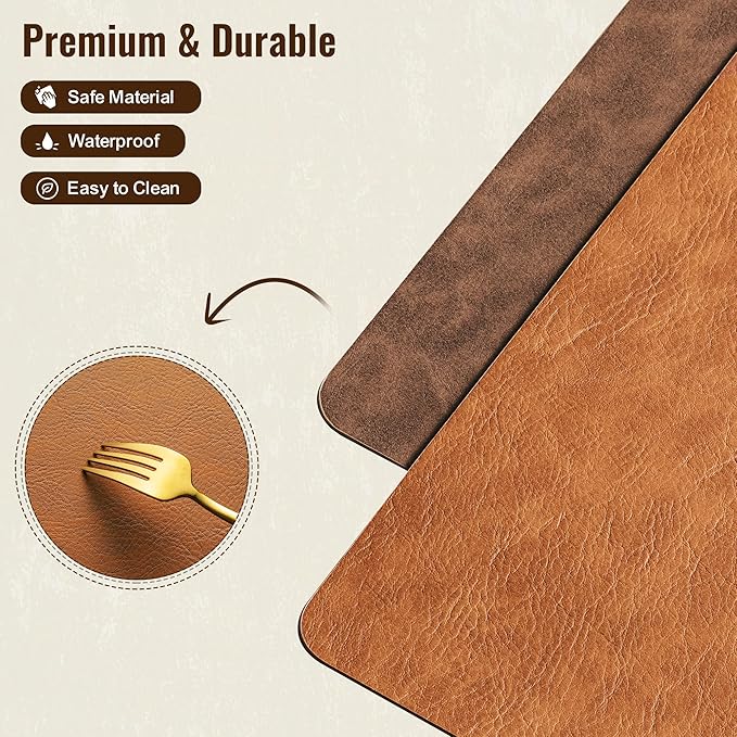 DOLOPL Thanksgiving Placemats Set of 6 Reversible Dual-Color Table Placemats – Heat Resistant Wipeable & Washable Place Mats, Luxury Faux Leather Table Mats for Table Decor(Reddish Brown & Brown)