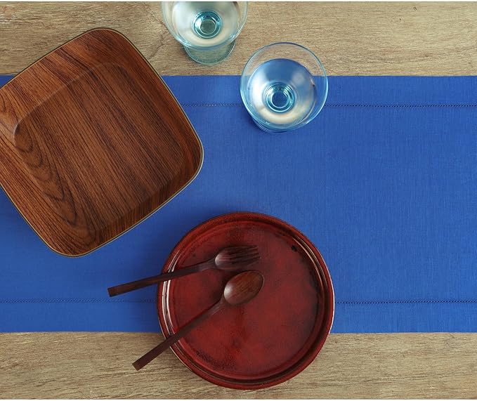 Solino Home Linen Royal Blue Table Runner 144 Inches Long - 100% Pure Linen Extra Long Table Runner 14 x 144 Inch for Spring - Classic Hemstitch