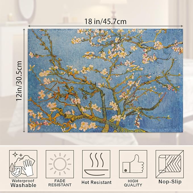 Blossoming Almond Tree Placemats Set of 6,White Flower Place Mats Heat Resistant Washable Non-Slip Table Mats for Party Kitchen Dining Decor 12x18 Inch