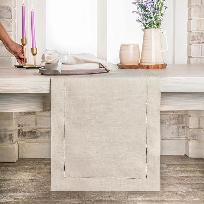 D'Moksha Homes Linen Light Natural Table Runner 36 Inches - 100% Pure Linen Small Table Runner 14 x 36 Inch Ideal for Dresser, Coffee Tables, Valentines, Spring, Easter - Classic Hemstitch