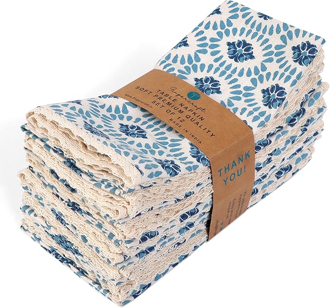 FINGERCRAFT Dinner Cloth Napkin Cotton Linen Blend 4 Pack Mitered Corners with Elegant Lace for Everyday Use Napkins are Pre Shrunk and Good Absorbency (Moroccan, 20in x 20in)