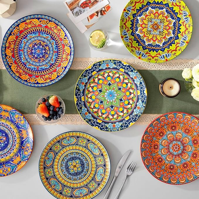 vancasso Bohemian Dinner Plates Set of 6, 10.5 Inch Ceramic Kitchen Plates for Dinner, Colorful Printed Dishes for Dining, Microwave & Dishwasher Safe Plate Set, Series KRVI