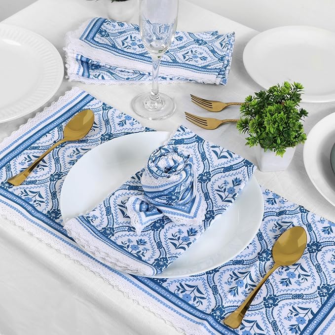 Fingercraft Dinner Cloth Napkin Cotton Linen Blend 12 Pack Mitered Corners with Elegant Lace for Everyday Use Napkins are Pre Shrunk and Good Absorbency (Damask, 20in x 20in (Set of 12))