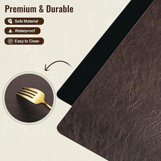 DOLOPL Placemats Set of 12 Reversible Dual-Color Table Place Mats – Heat Resistant Wipeable & Brown Placemats, Luxury Faux Leather Table Mats for Vintage Dining Decor(Dark Brown & Black)