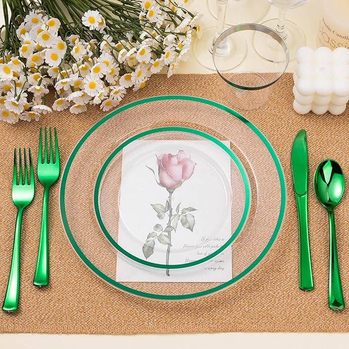 BESTSTAR 200PCS Green and Clear Plastic Plates, Green Disposable Plate Set with 100 Dinner Plates and 100 Dessert Plate for Party, St. Patrick's Day
