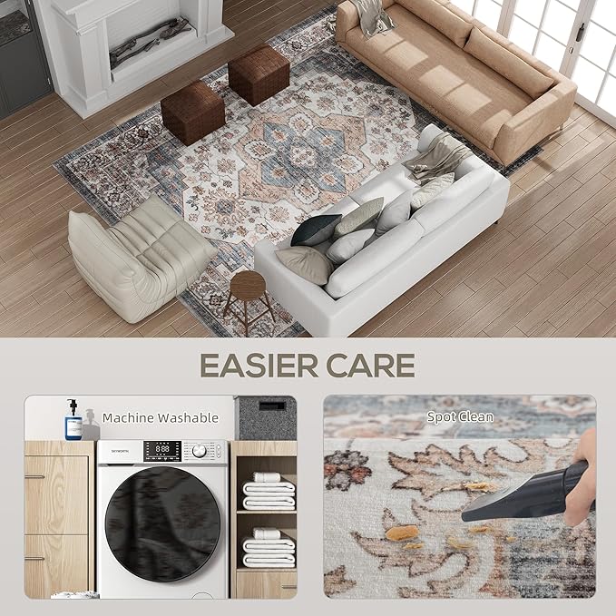 HOMCOM Washable Area Rug, 8'x10' Vintage Indoor Distressed Carpet, Retro Floor Cover Foldable, Floral Print Mat for Living Room, Bedroom, Dining Room, Brown and Light Blue