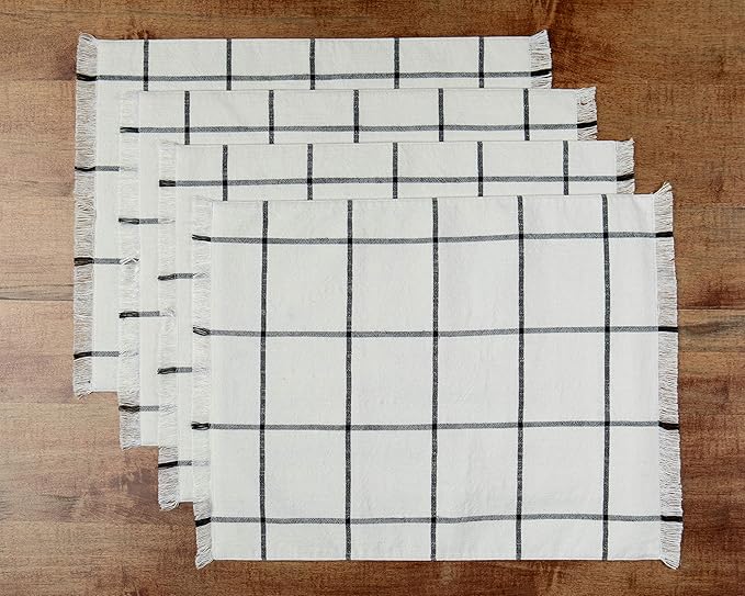 Sticky Toffee Woven Cotton Placemats Set of 4, Cream Farmhouse Plaid, 14 x 19 in, Washable Table Mats for Kitchen or Dining Table