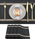SLKQG Black Placemats Set of 4 - Easy Clean Modern Durable Washable Vinyl Place Mats - Heat Resistant Placemats for Kitchen Table - PVC Table Mats for Dining Table (Black with Stripes, 4)