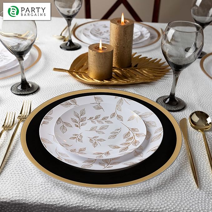 PARTY BARGAINS 13-Inch Charger Plates - 96 Pack, Black Gold Rim, Heavy-Duty Disposable Chargers for Elegant Dining - Ideal for Weddings and Formal Events