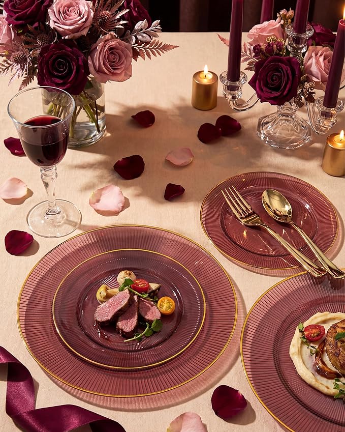 Hioasis 60pcs Burgundy and Gold Plastic Plates - Burgundy Disposable Dinnerware Set, 30pcs Dinner 10.25in & 30pcs Dessert 7.5in Plates with Striped Designs for Party & Wedding