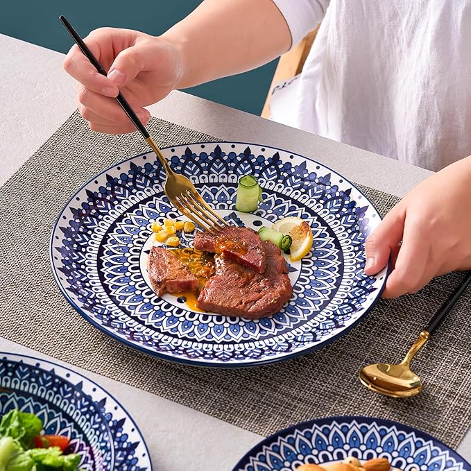 Bestone 12-Piece Round Porcelain Dinnerware Set, Service for 4, Chip Resistant Plates and Bowls,Blue, Dishwasher & Microwave Safe for Home Daily Use