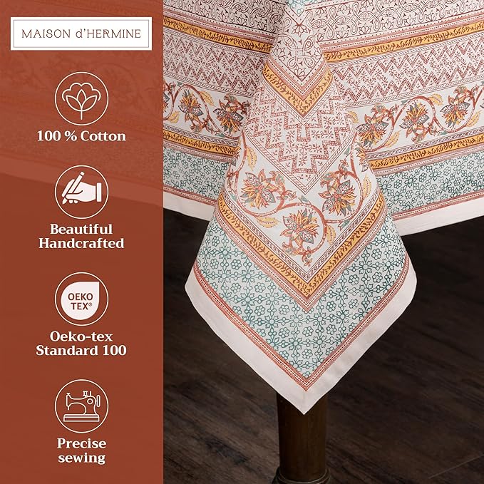 Maison d' Hermine Table Cloth Rectangle Table 100% Cotton 70 x 120 Inches Fall Tablecloth Reusable Everyday Use for Thanksgiving Christmas Decorations Dining Farmhouse Party (Nila)