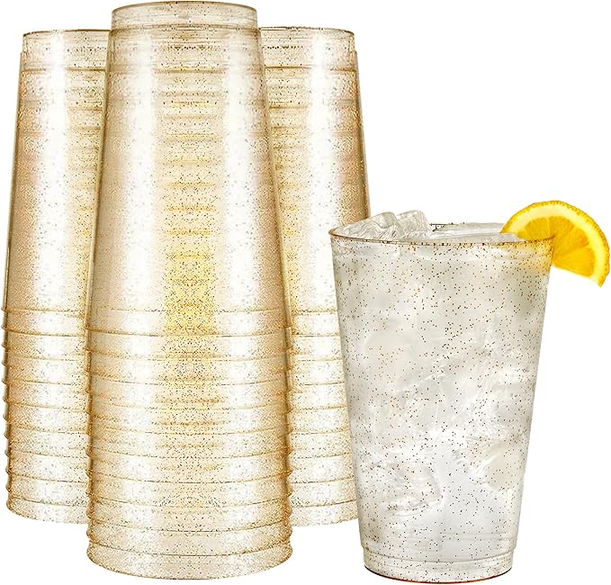 R-kay 14 oz Gold Glitter Plastic Cups For Party - 50 Pack Gold Plastic Cups - Hard Disposable Cups - Premium Heavy Duty Gold Cups - Disposable Cocktail Glasses - Party Cups (50 Pack, 14, ounces)