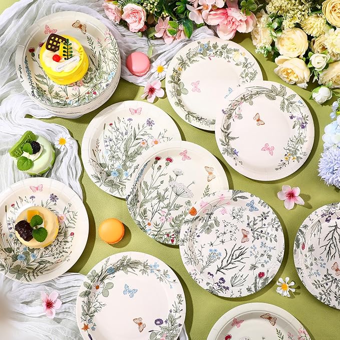 60 Pcs 7 Inch Vintage Wildflower Paper Plates Retro Flower Plant Herb Decorations Tableware Butterfly Dinnerware Decoration for Spring Summer Garden Home Picnic Decoration Supplies