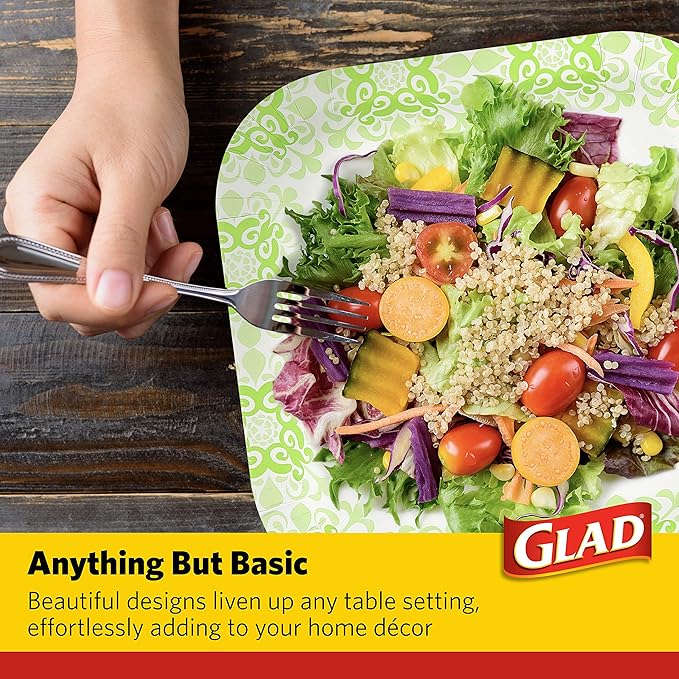 Glad Square Disposable Paper Plates for All Occasions | New & Improved Quality | Soak Proof, Cut Proof, Microwaveable Heavy Duty Disposable Plates | 10" Diameter, 50 Count Bulk Paper Plates