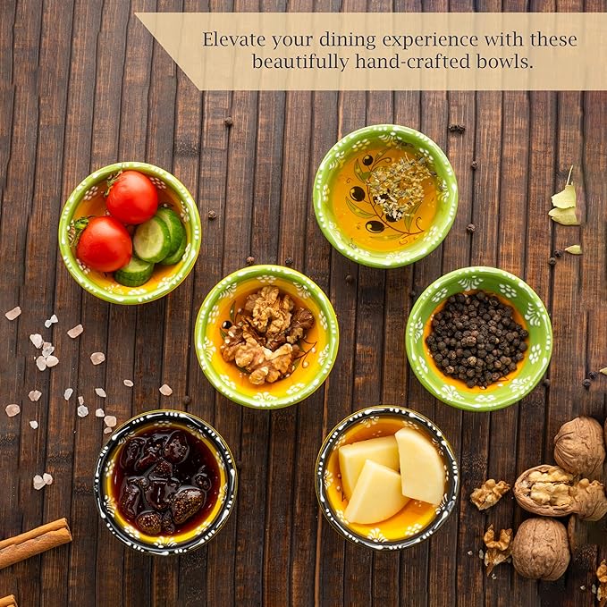 Ceramic Small Dipping Bowls Set of 6, 3.5 Oz Soy Sauce Dish, Handmade Charcuterie, Colorful Pinch, Dishwasher & Microwave Safe Sauce, 3.2'' Mini (OLIVE BRANCH)