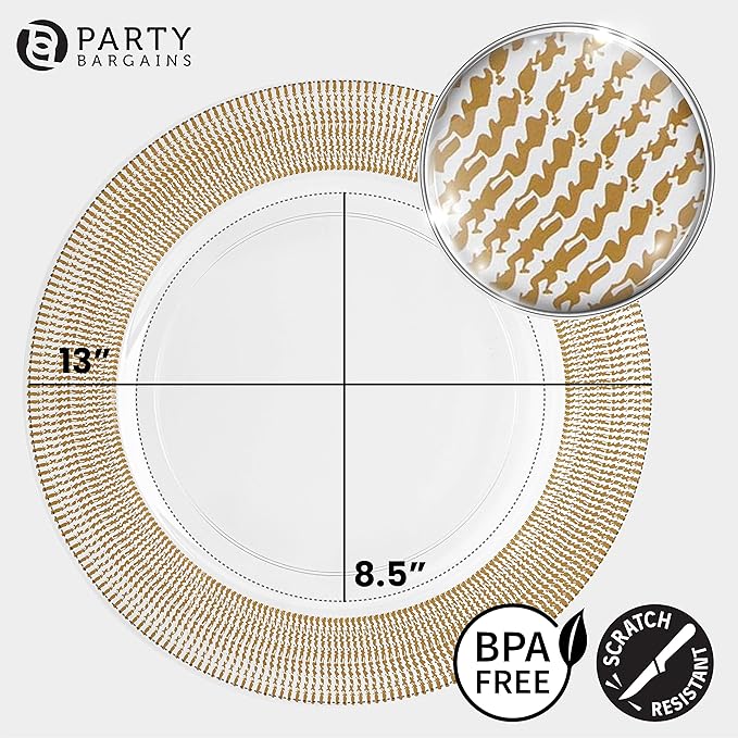 PARTY BARGAINS 13-Inch Charger Plates - 96 Pack, Clear Gold Textured Rim, Heavy-Duty Disposable Chargers for Elegant Dining - Ideal for Weddings and Formal Events