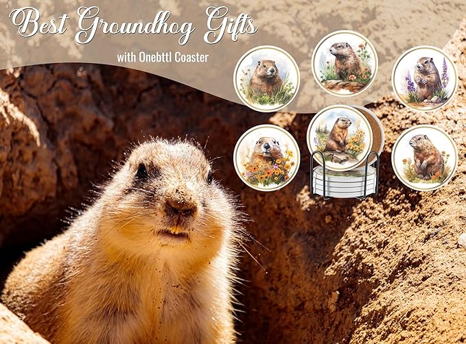 Onebttl Groundhog Gifts Coaster, Home Decor for Women, Moving, Housewarming, Set of 6, Ceramic, Absorbent with Cork Base