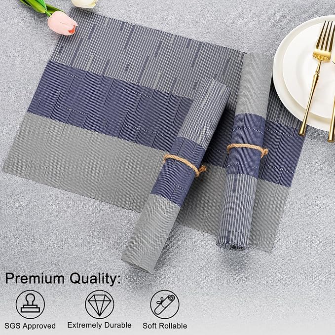 Placemats Set of 6, Vinyl Woven Place Mats Indoor Set of 6 Washable Wipeable PVC Table Mats Heat-Resistant Non Slip Plastic Placemat for Kitchen Dining Outdoor Table (Blue Gray, Set of 6)